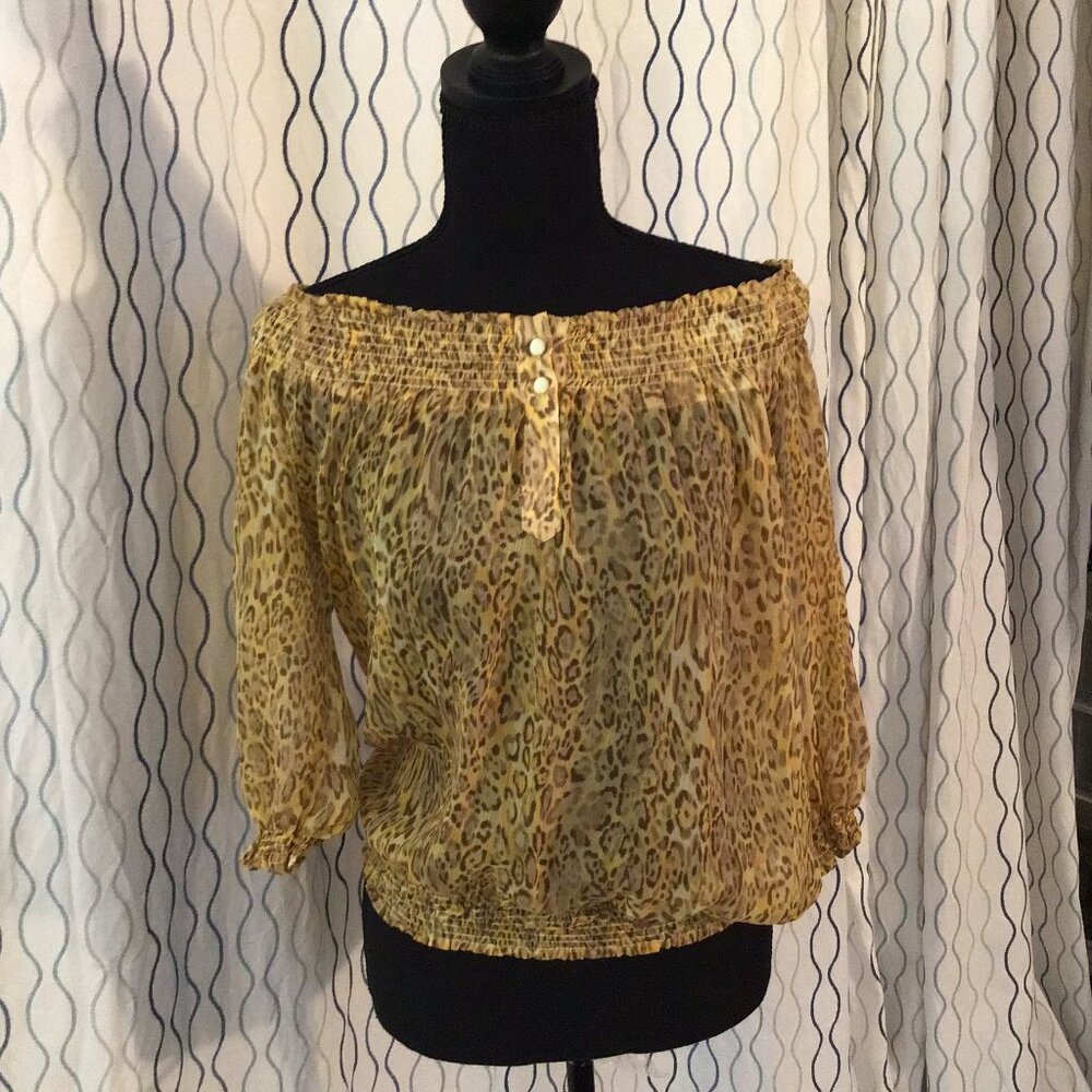 Sheer, leopard print off the shoulder top